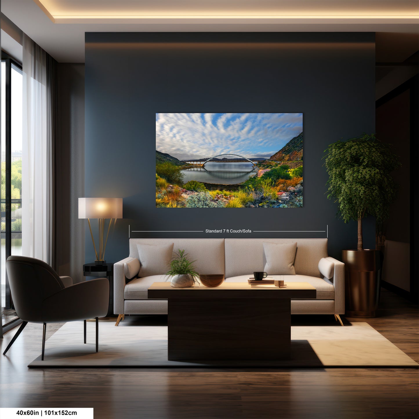 a living room with a large painting on the wall