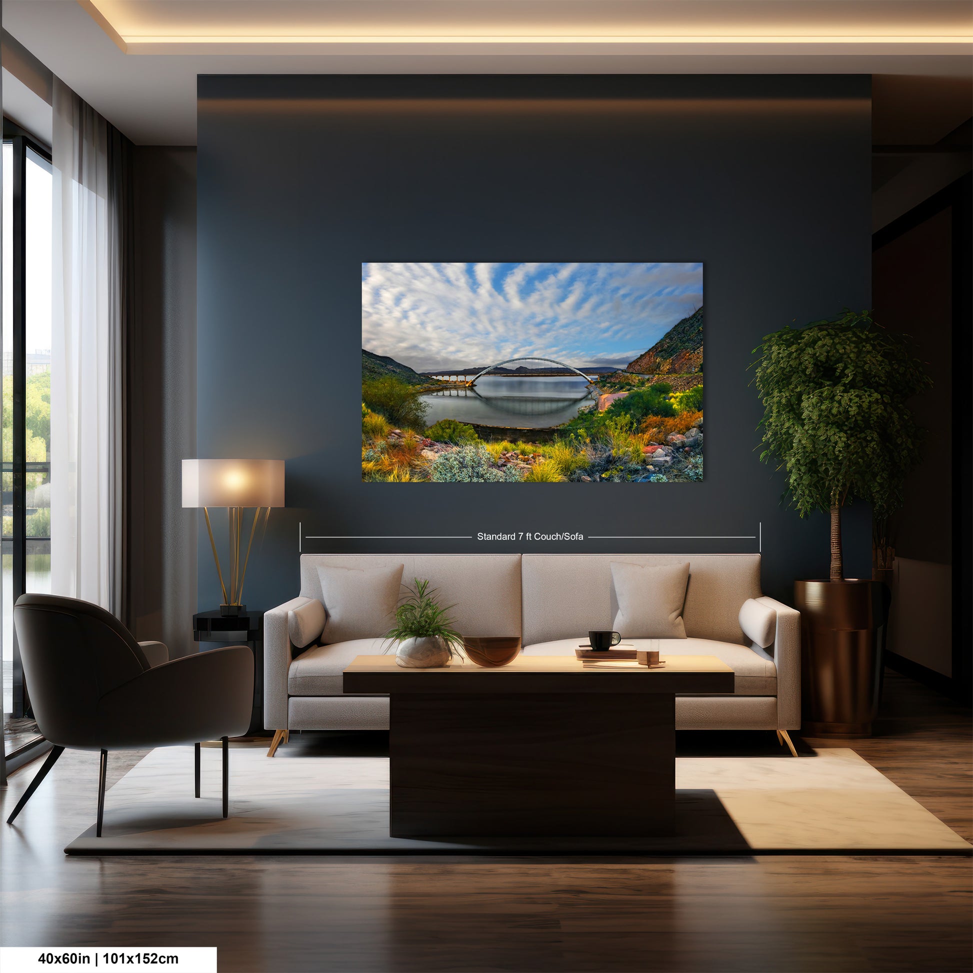 a living room with a large painting on the wall