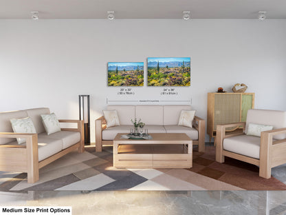 a modern living room with a white sofa, two chairs, and a coffee table. There are two framed landscape paintings on the wall above the furniture, and the room has a neutral color scheme with a geometric patterned rug.