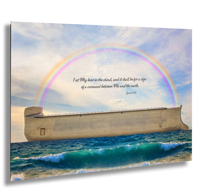 a painting of a boat with a rainbow in the background