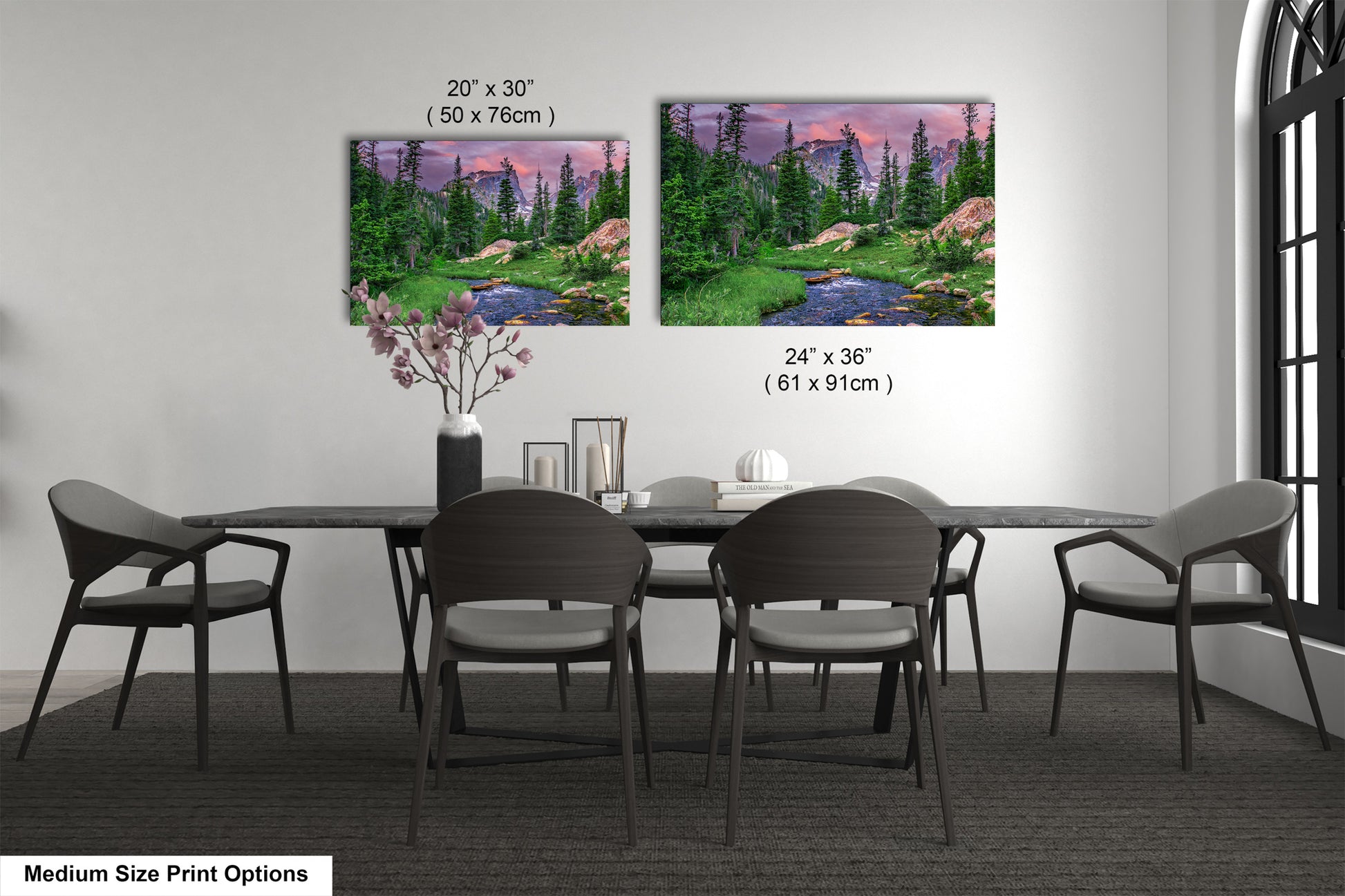 a dining room with a table and chairs