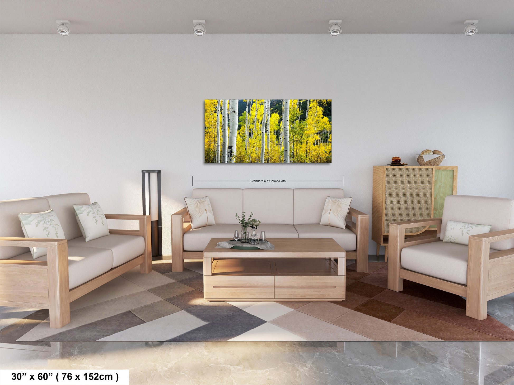 a living room filled with furniture and a painting on the wall