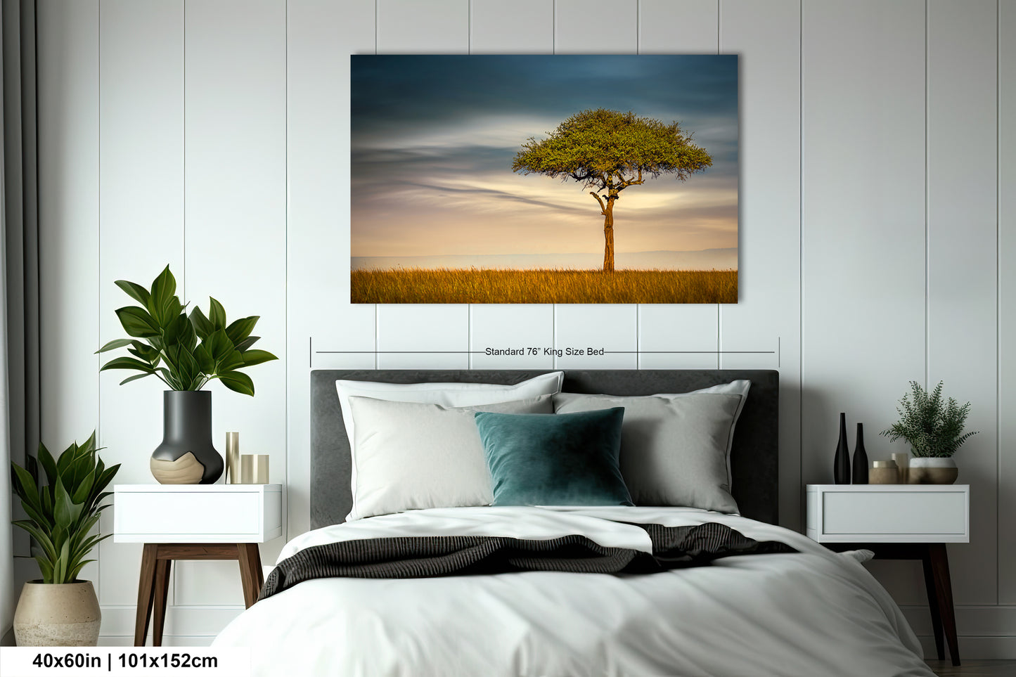 a bedroom with a bed and a painting on the wall