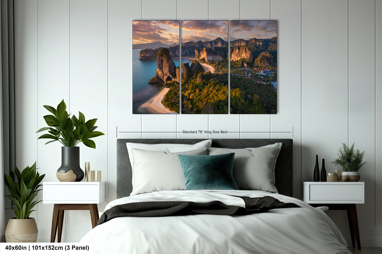 a bedroom scene with a bed and two paintings