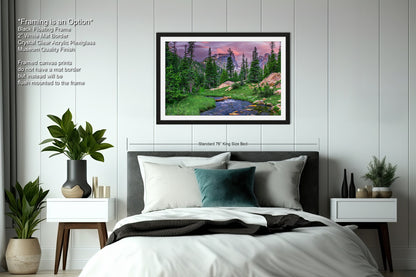 a bedroom with a bed and a painting on the wall