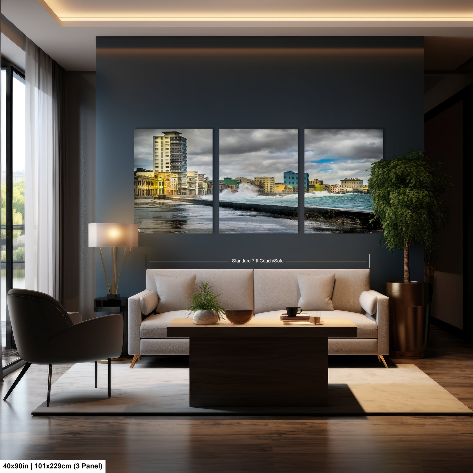 a living room with a couch a table and a picture on the wall