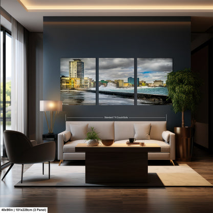a living room with a couch a table and a picture on the wall