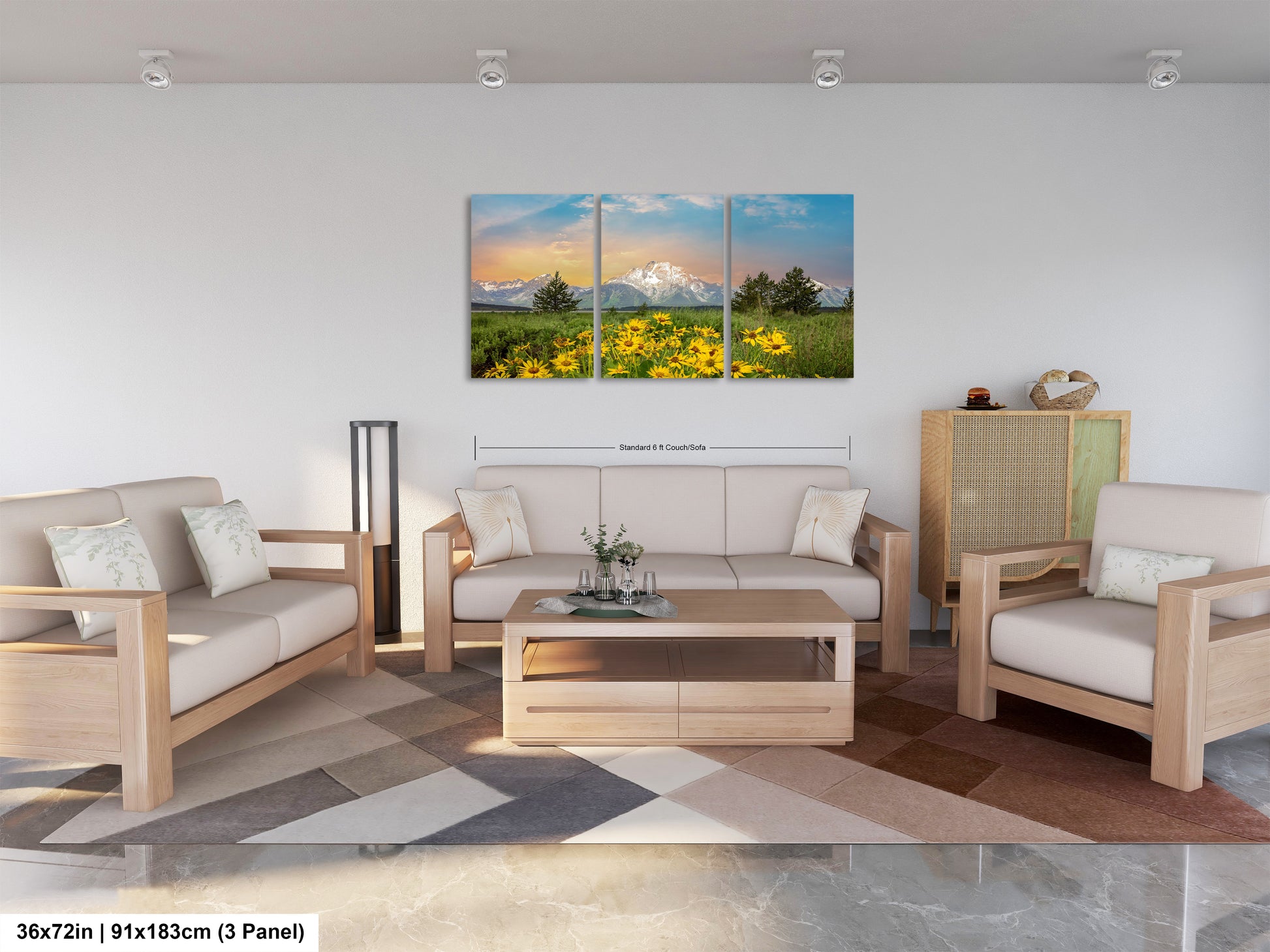 a living room filled with furniture and a painting on the wall