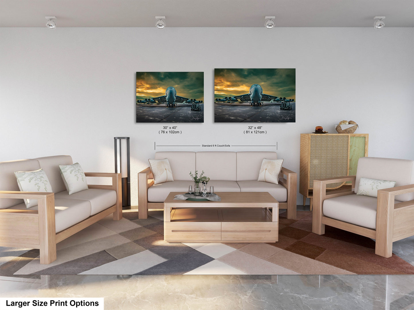 a living room with two pictures on the wall