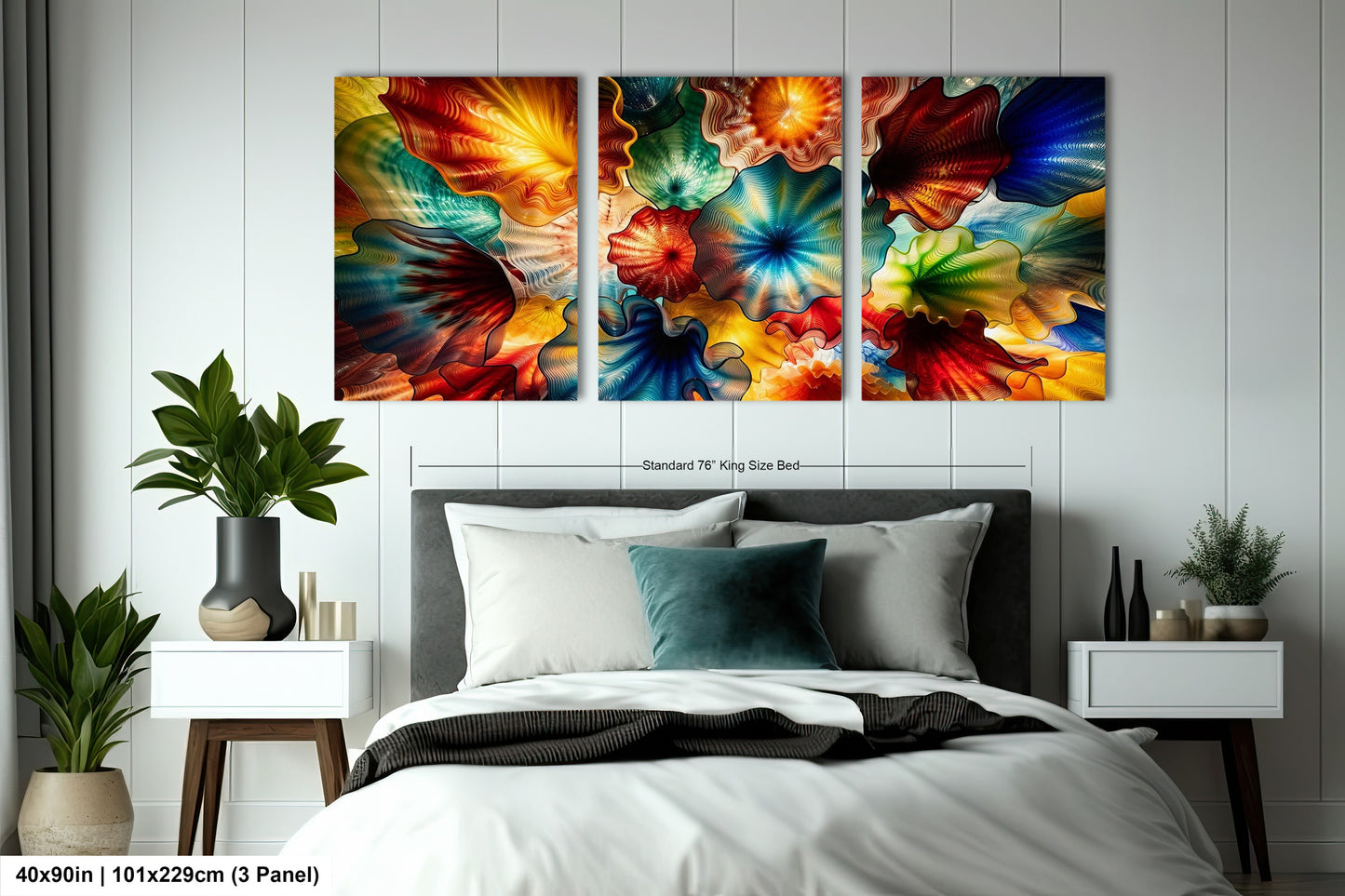 a large, colorful, and abstract painting of flowers hanging above a bed in a bedroom.