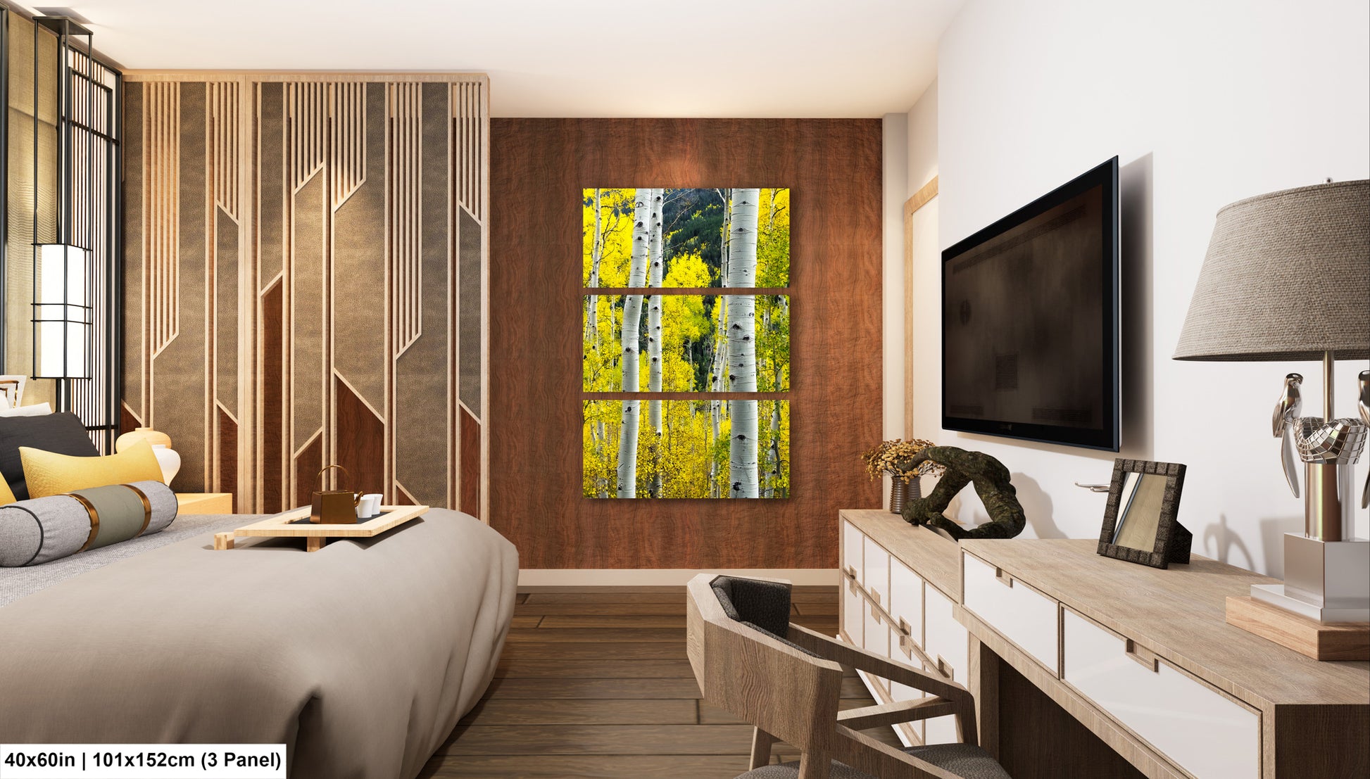 a bed room with a neatly made bed and a flat screen tv