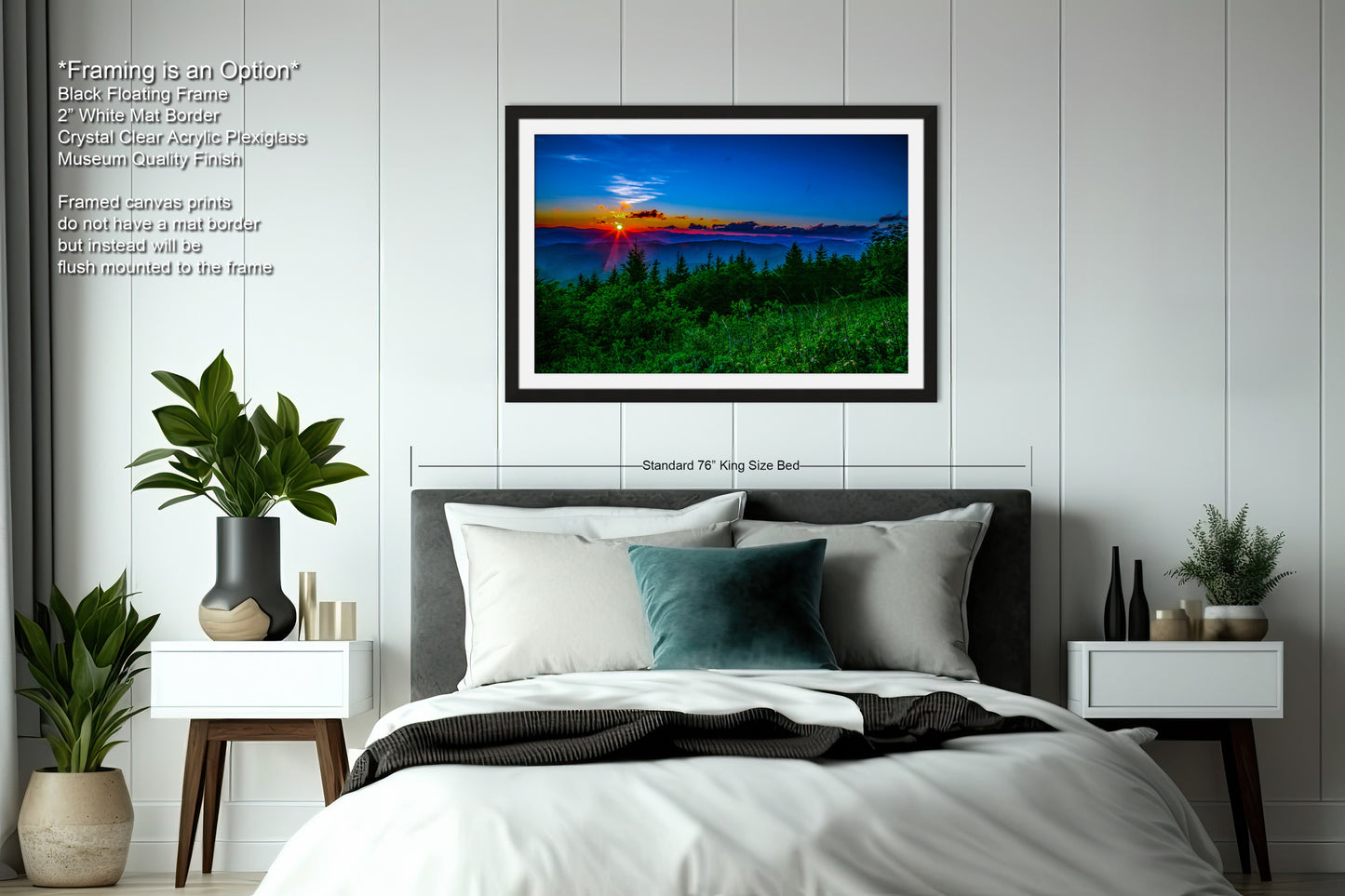 a bedroom with a large bed and a painting on the wall