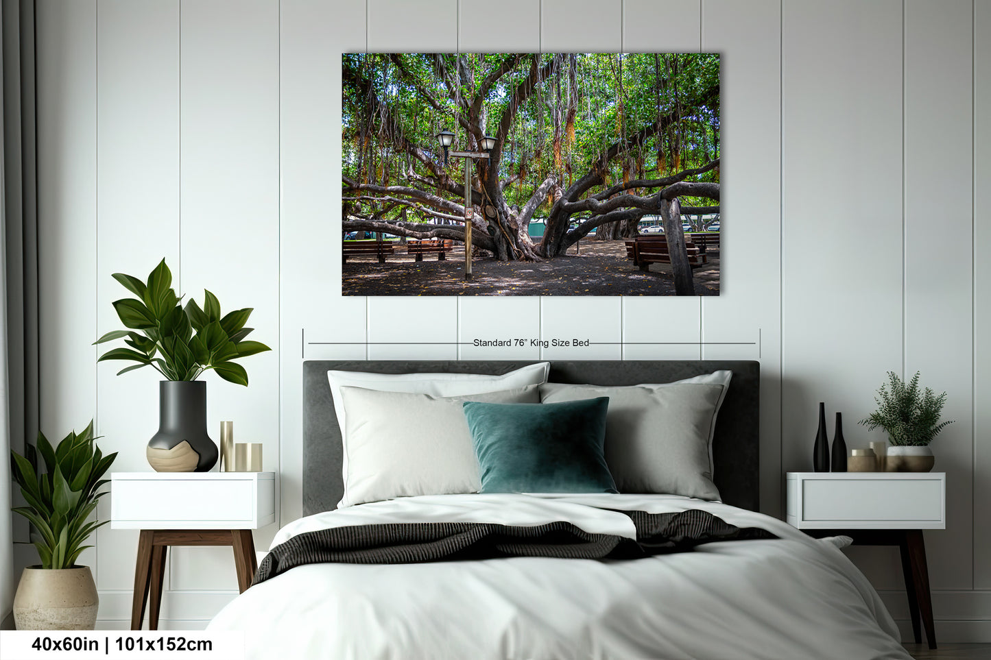 a bedroom with a bed and a painting on the wall