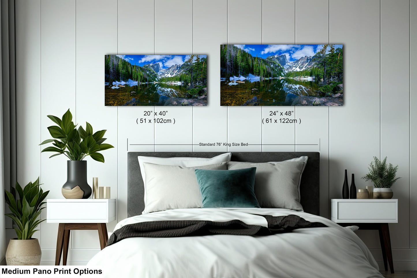a bed room with a neatly made bed and two pictures on the wall