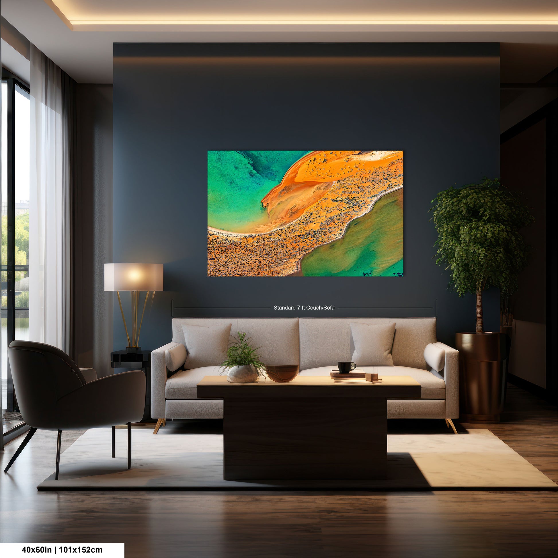 a living room with a large painting on the wall