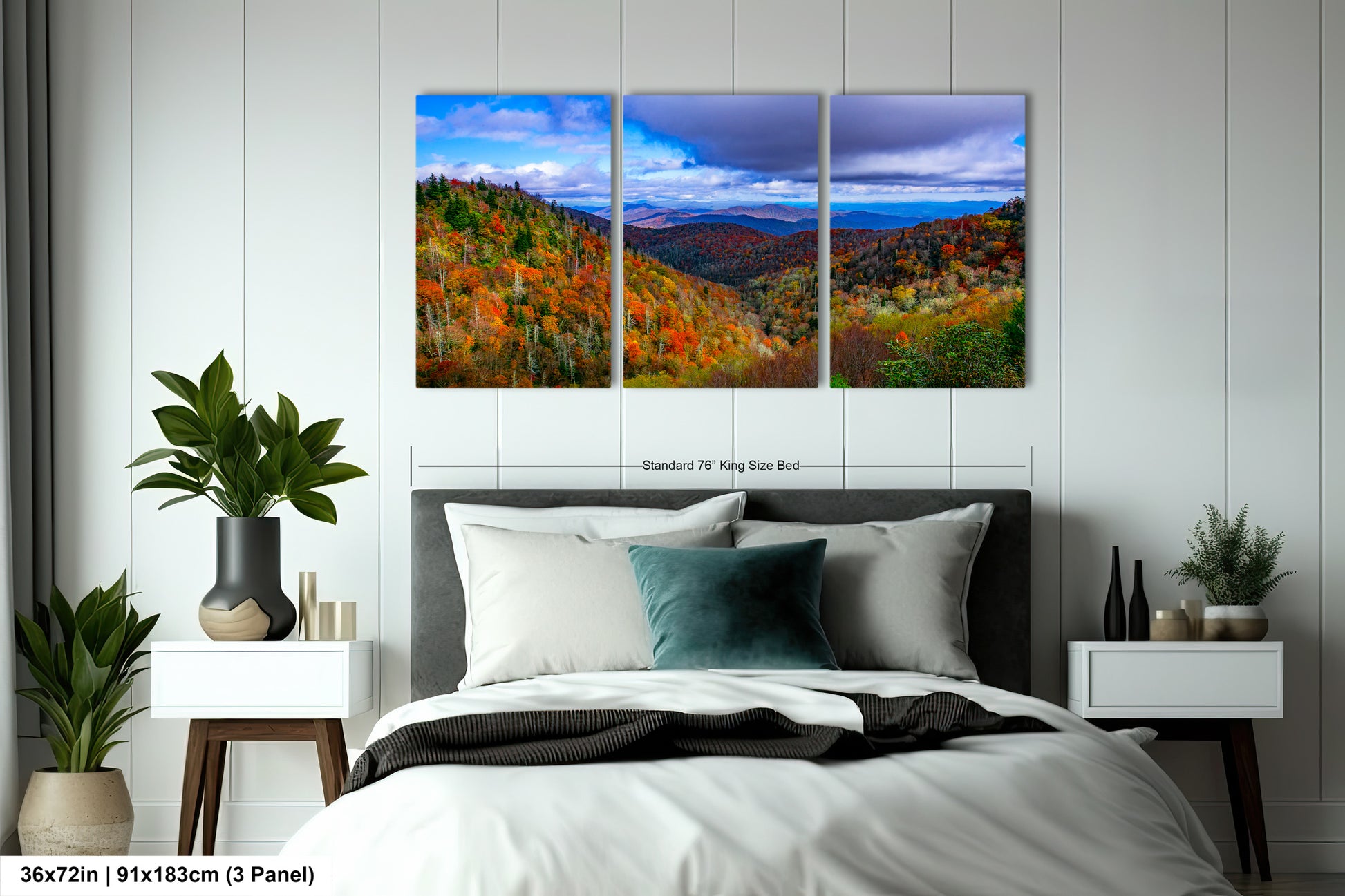 a bed room with a neatly made bed and paintings on the wall