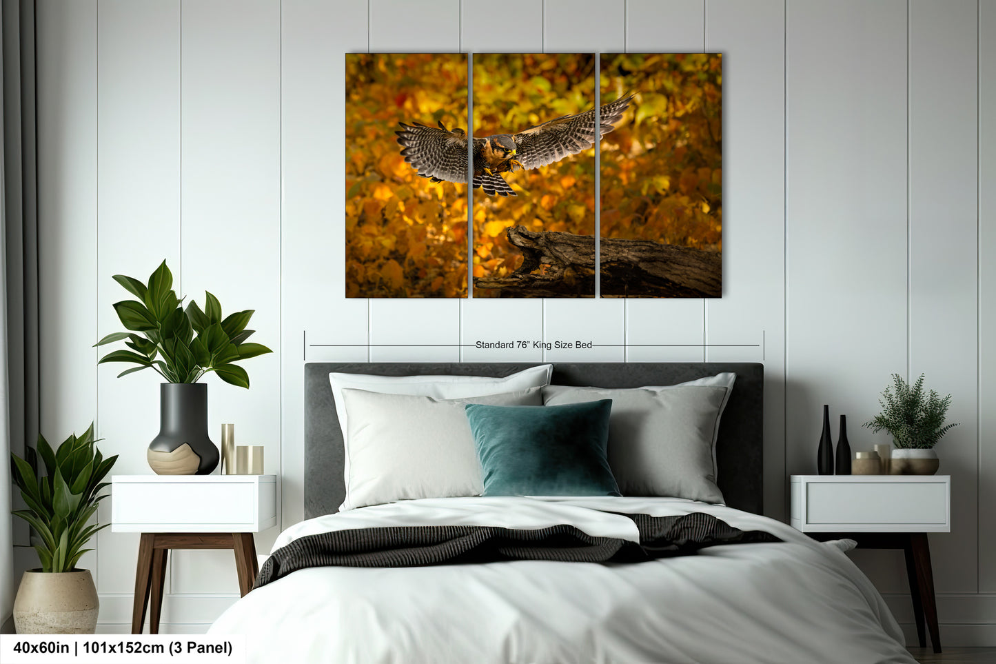 a bedroom scene with focus on the bed and the owl on the branch