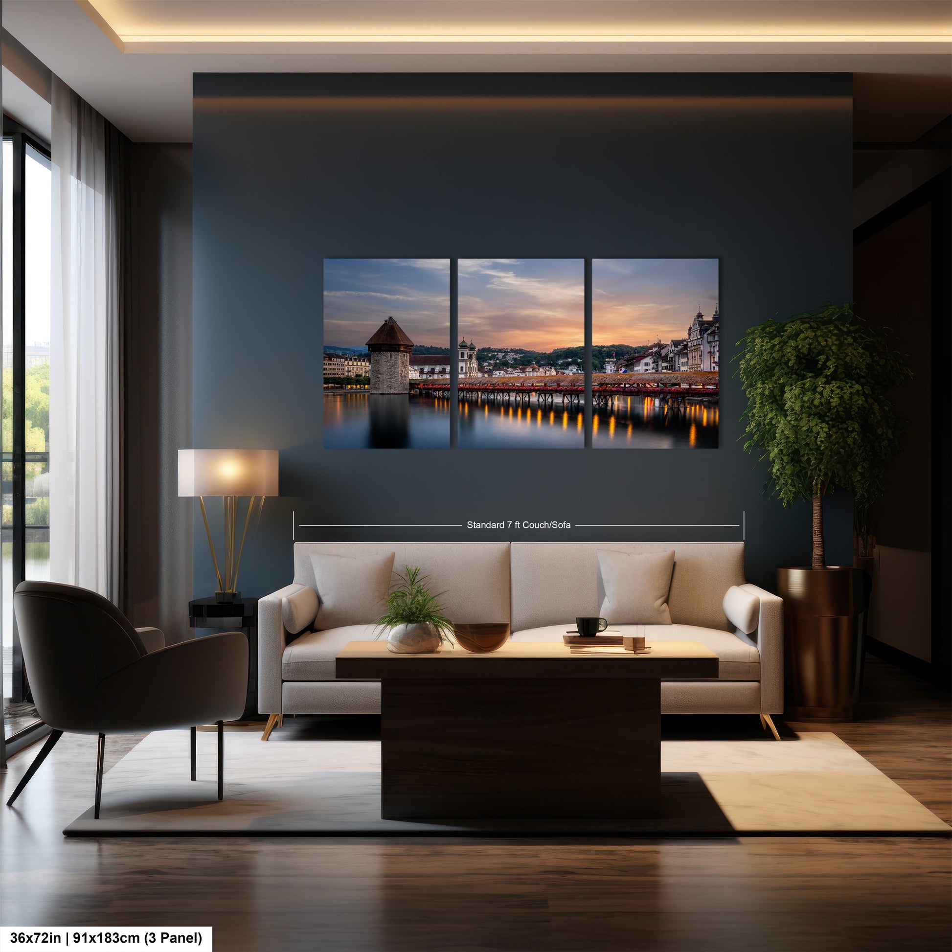 a living room with a couch a table and a painting