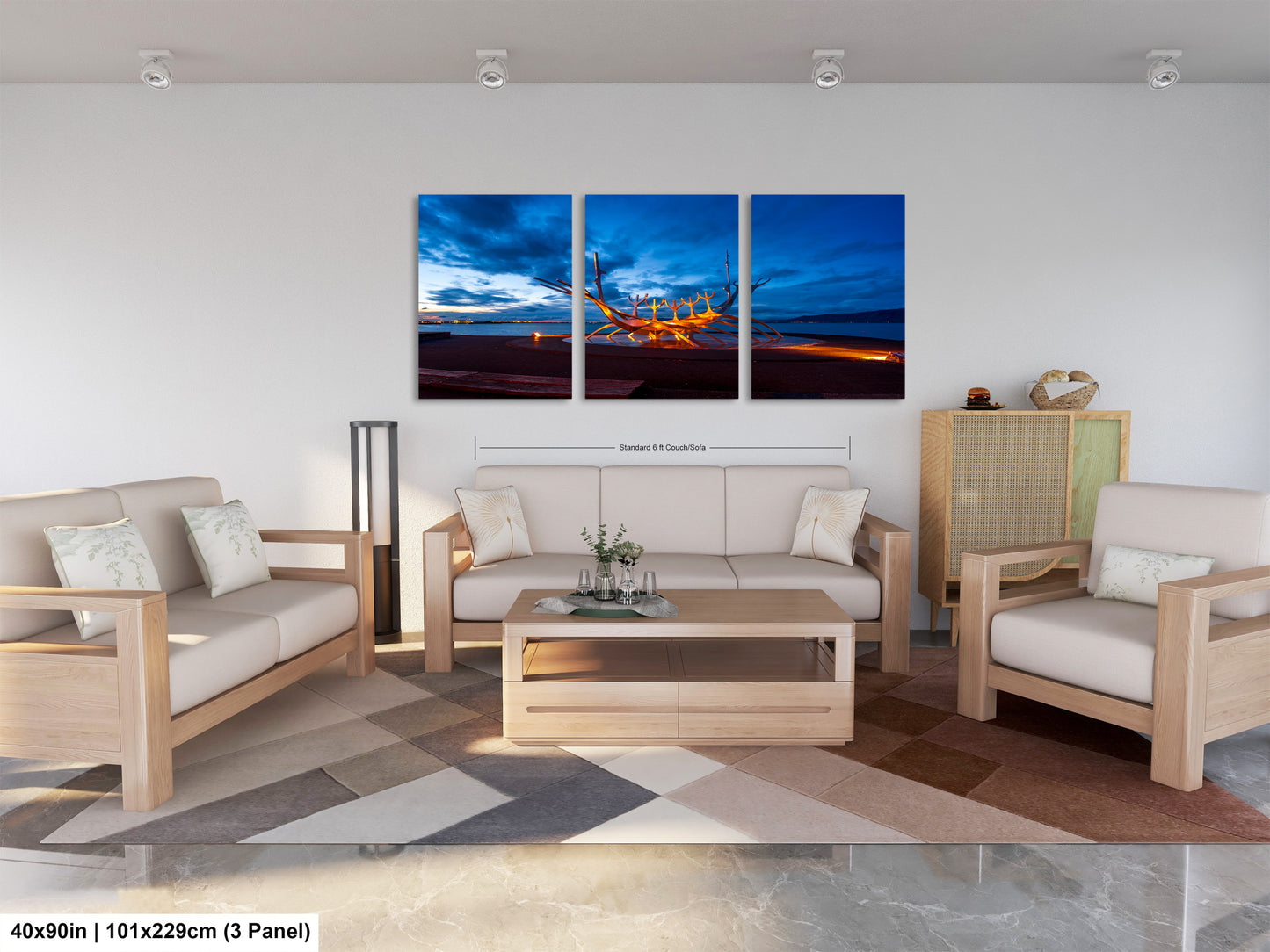 a living room filled with furniture and a painting on the wall