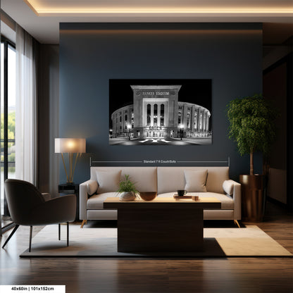 a modern living room with a large black and white photograph of a stadium prominently displayed on the wall. The photograph captures the stadium's architecture and lighting, creating a striking visual focal point in the room.