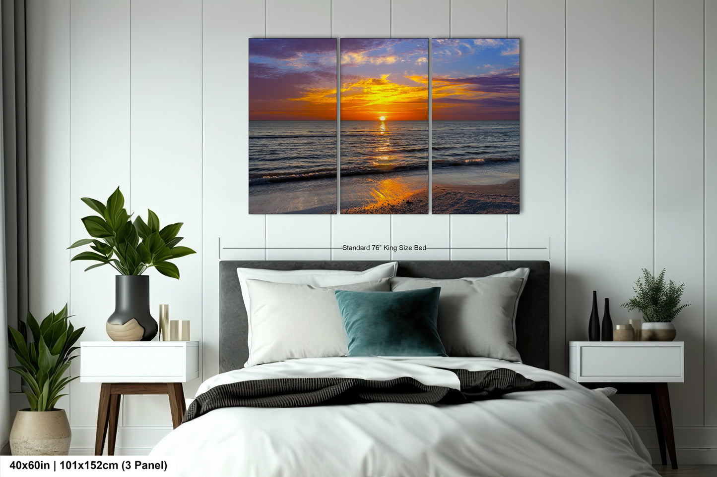 a bedroom scene with focus on the bed and the ocean