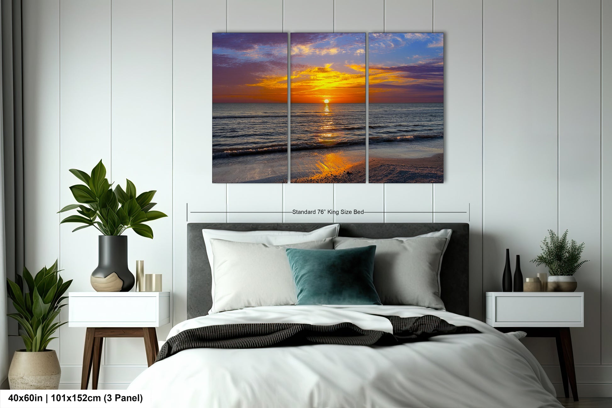 a bedroom scene with focus on the bed and the ocean