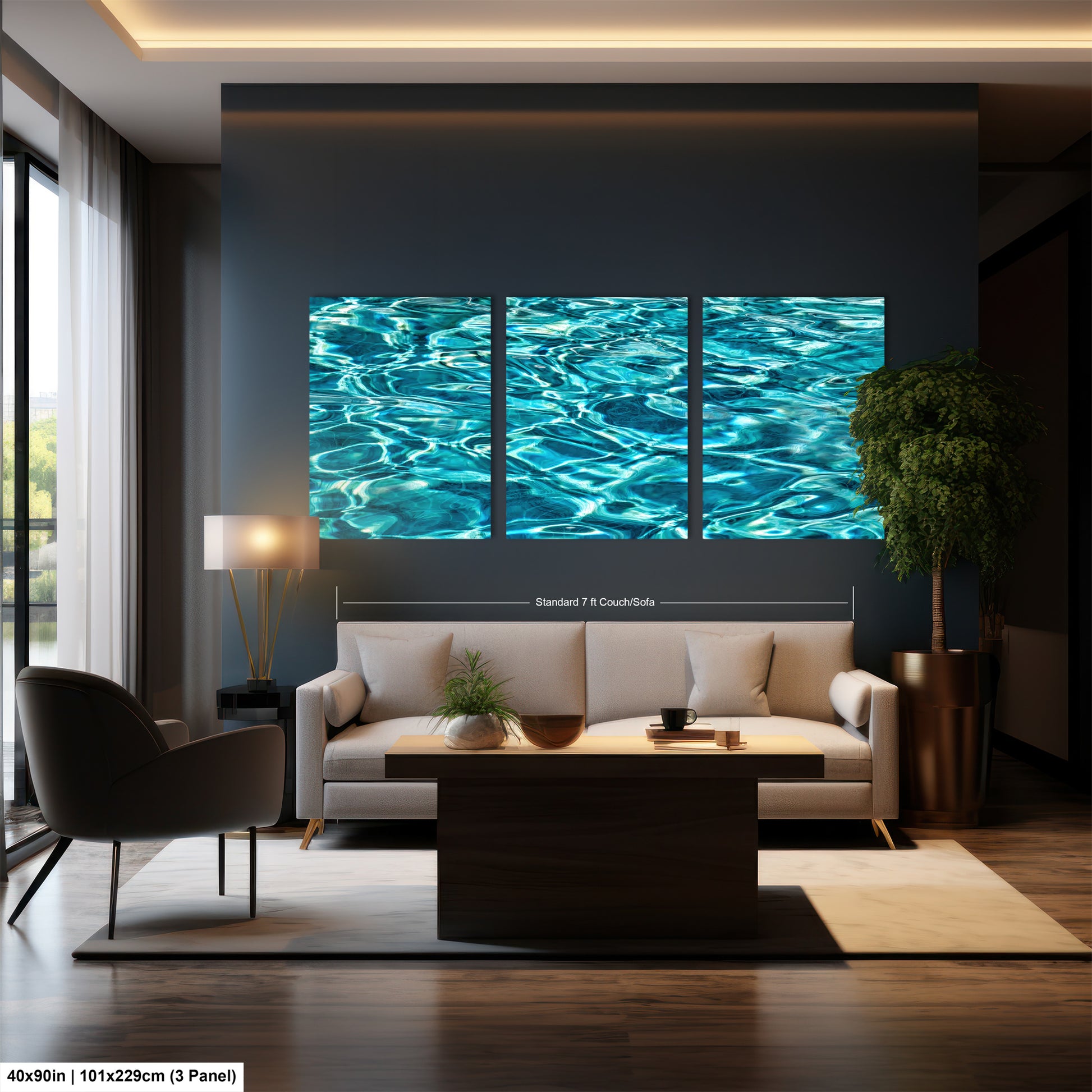 A modern living room with a large wall art depicting a serene body of water, creating a calming and tranquil atmosphere.