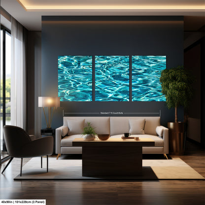 A modern living room with a large wall art depicting a serene body of water, creating a calming and tranquil atmosphere.