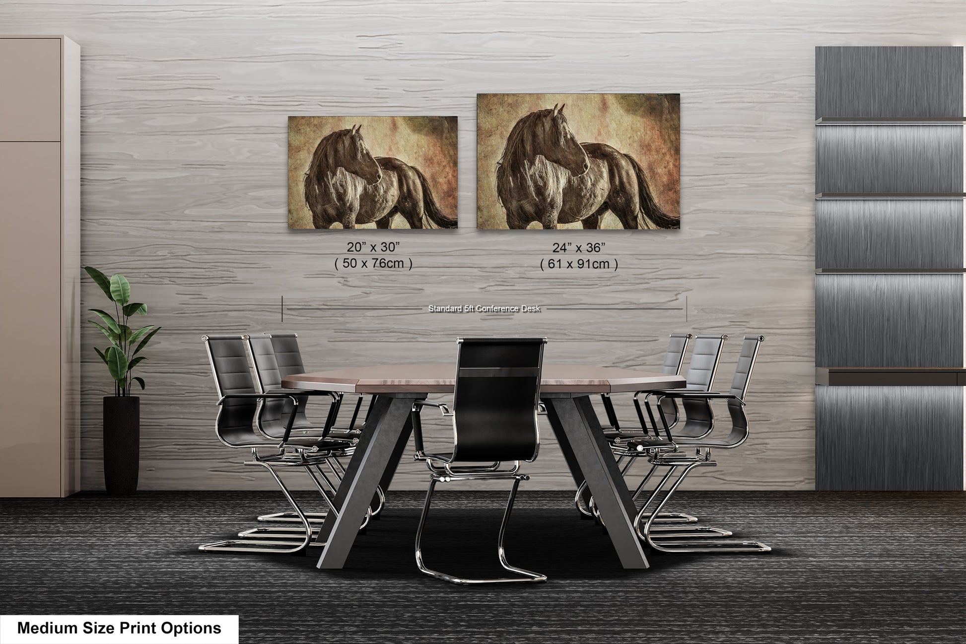 a dining room table with chairs and a picture of a horse on the wall