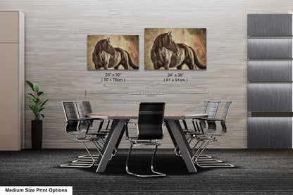 a dining room table with chairs and a picture of a horse on the wall