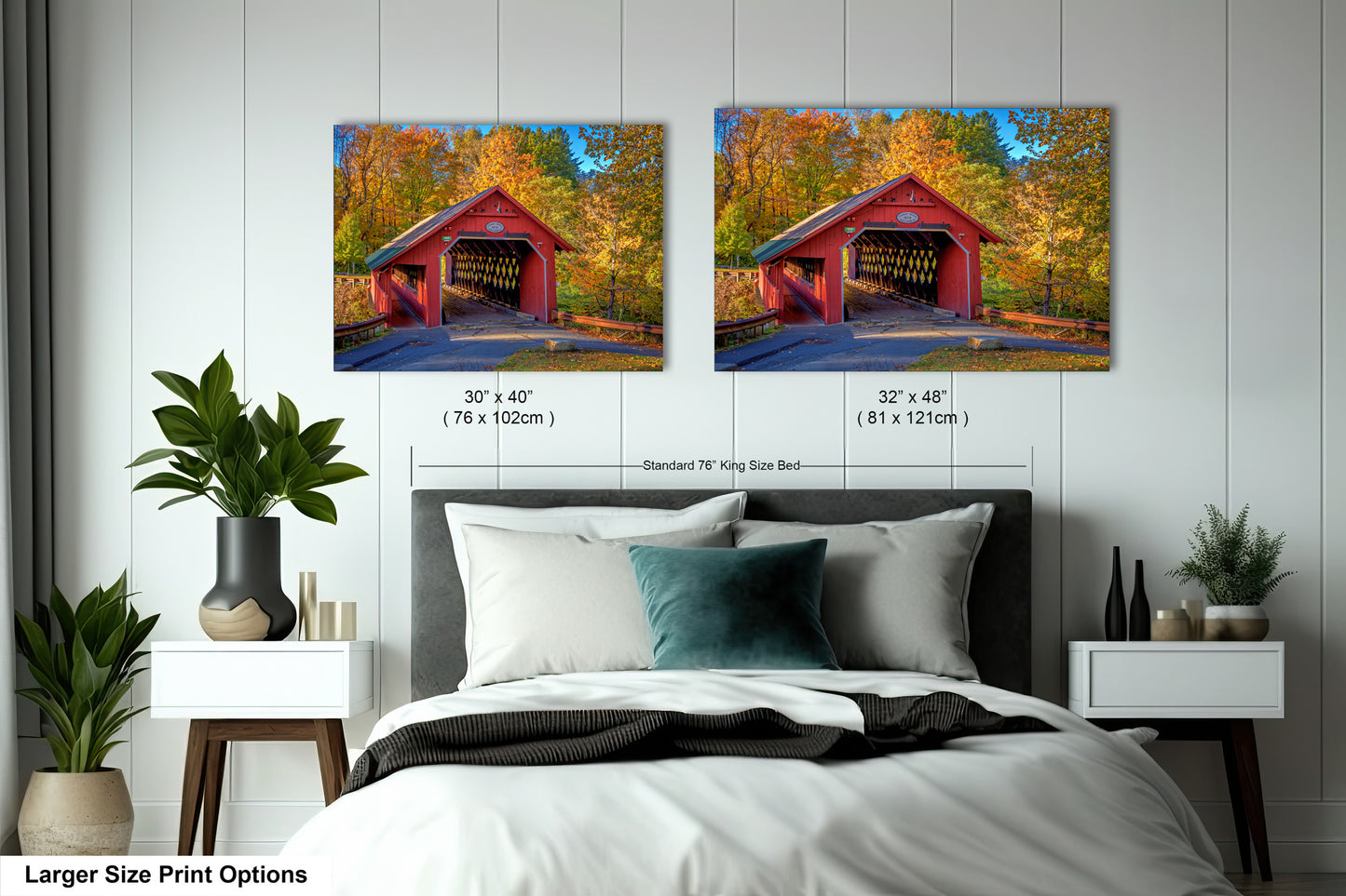 a bedroom with two pictures of a covered bridge