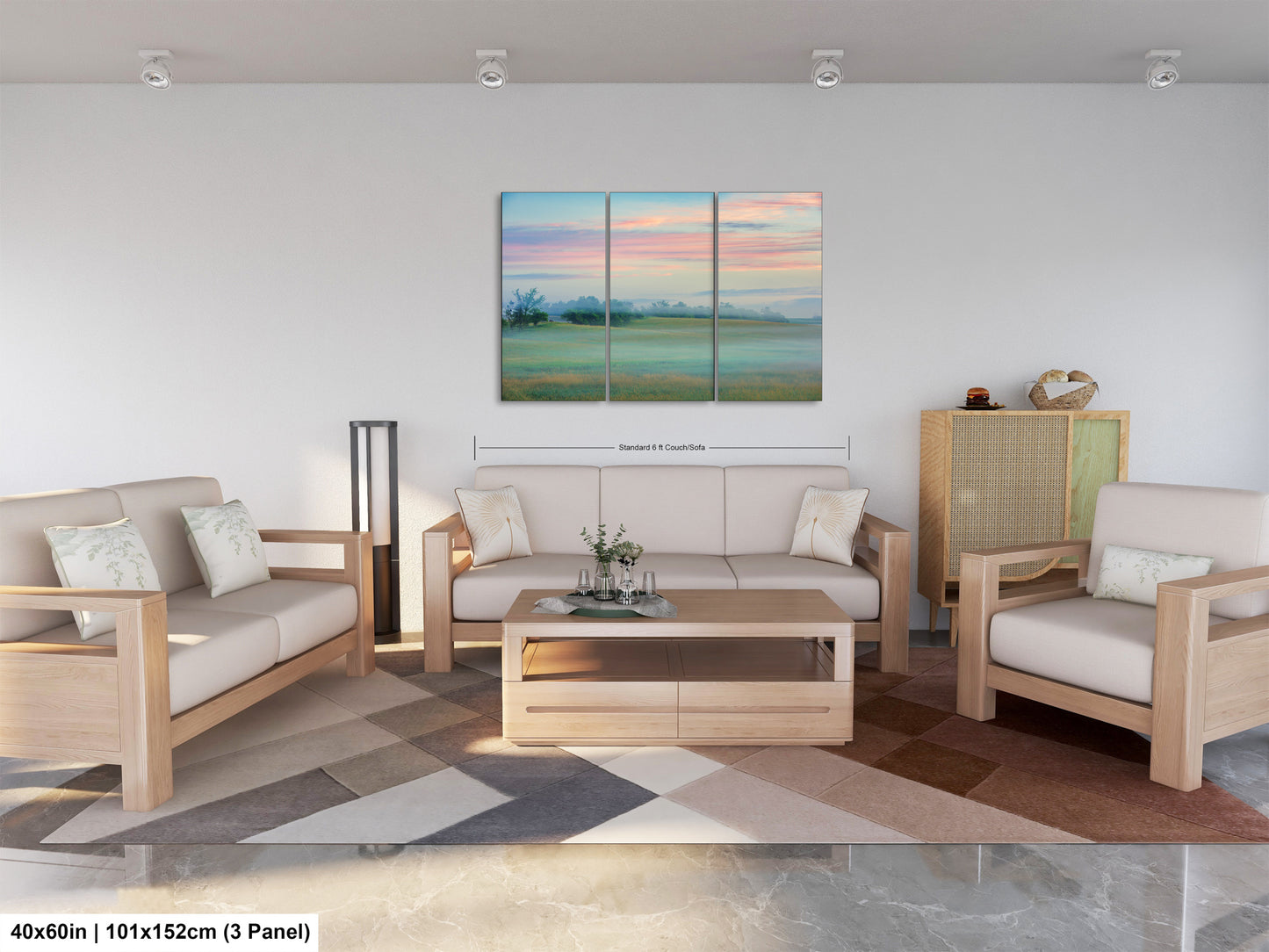 a living room filled with furniture and a painting on the wall