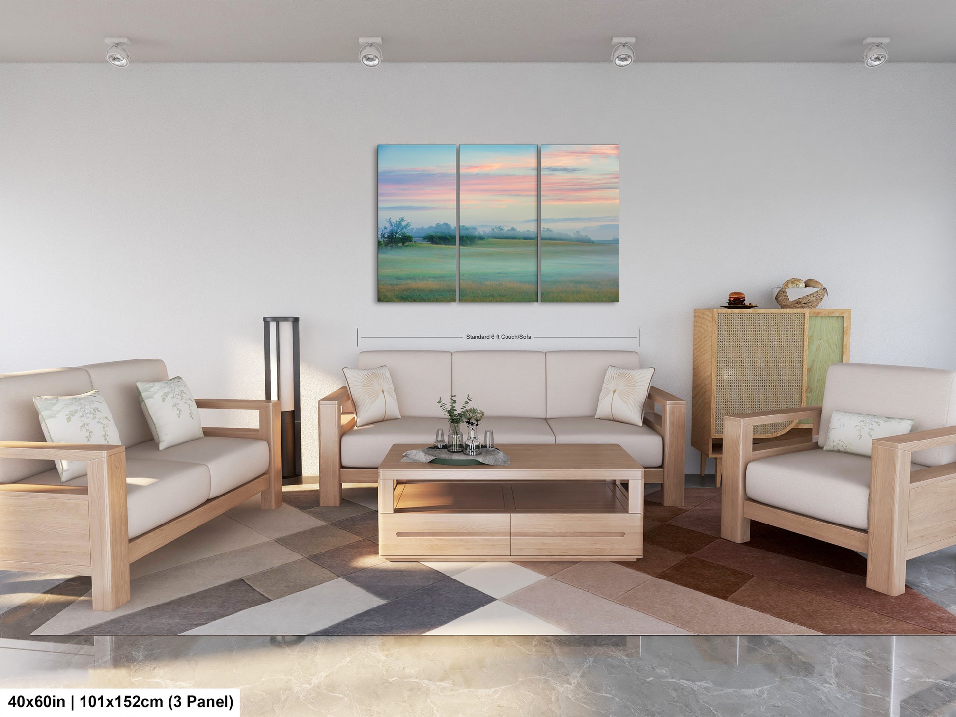 a living room filled with furniture and a painting on the wall