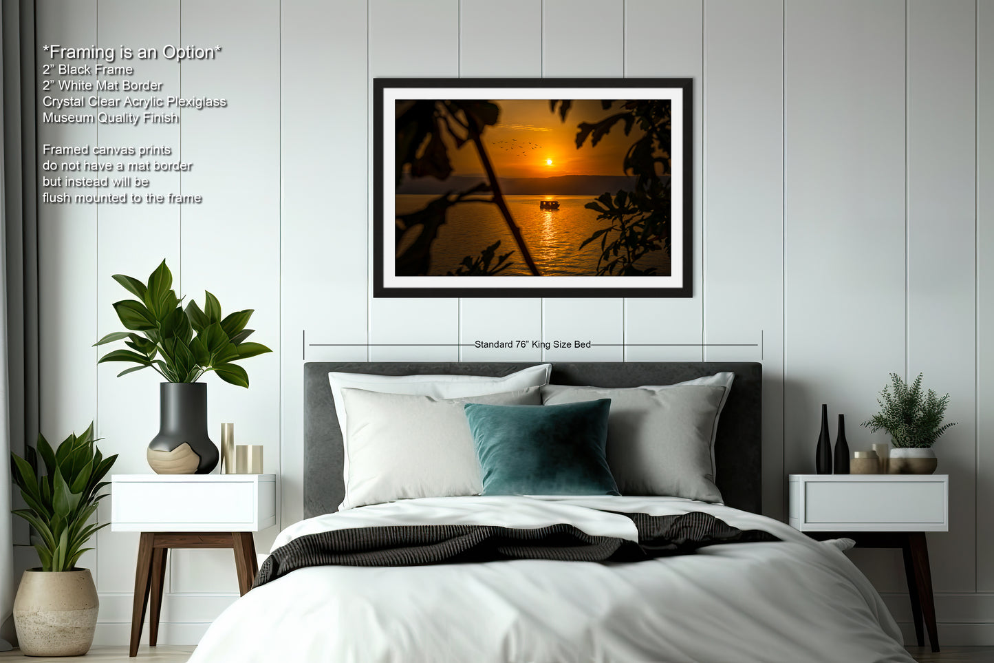 a bedroom with a bed and a picture on the wall