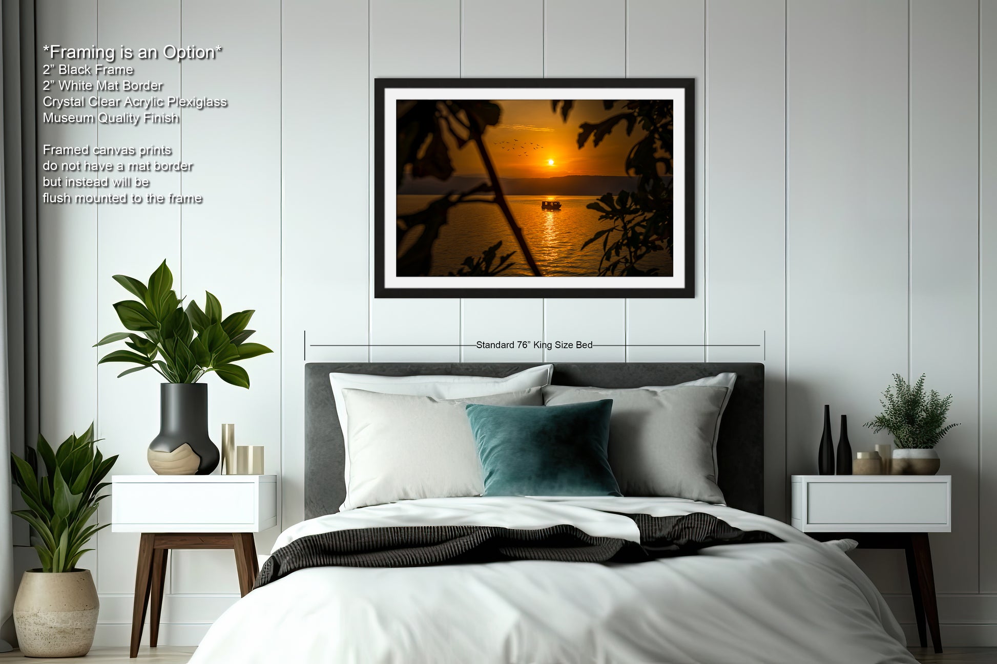 a bedroom with a bed and a picture on the wall