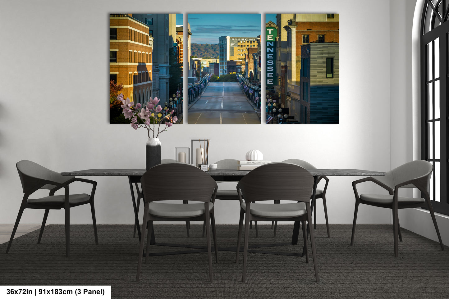 a dining room with a table and four chairs