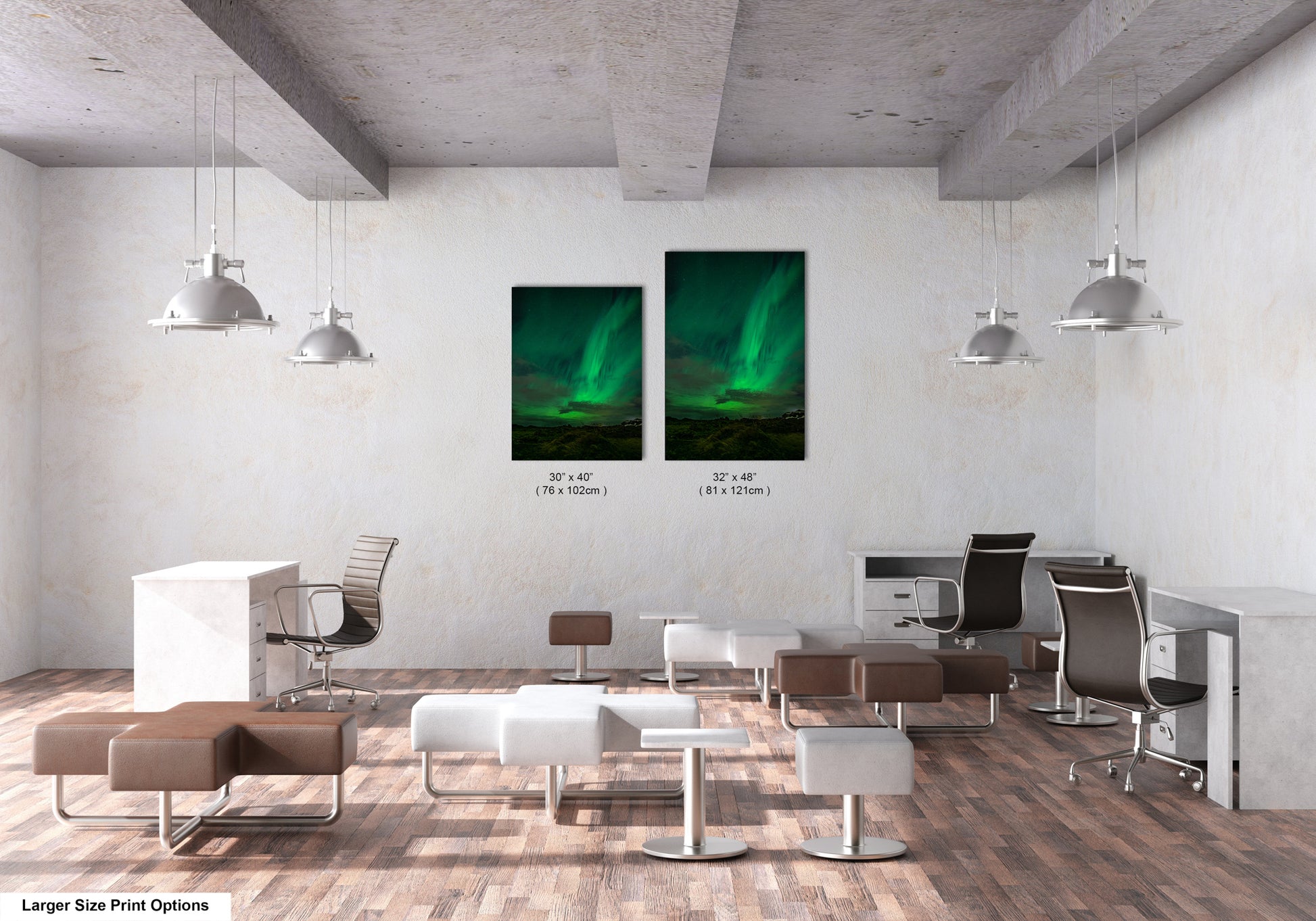 a modern office space with a minimalist design, featuring a large wall with two framed prints of the Aurora Borealis ( Aurora ) in green and white colors. The office space is furnished with various chairs, tables, and lamps, creating a functional and stylish workspace.