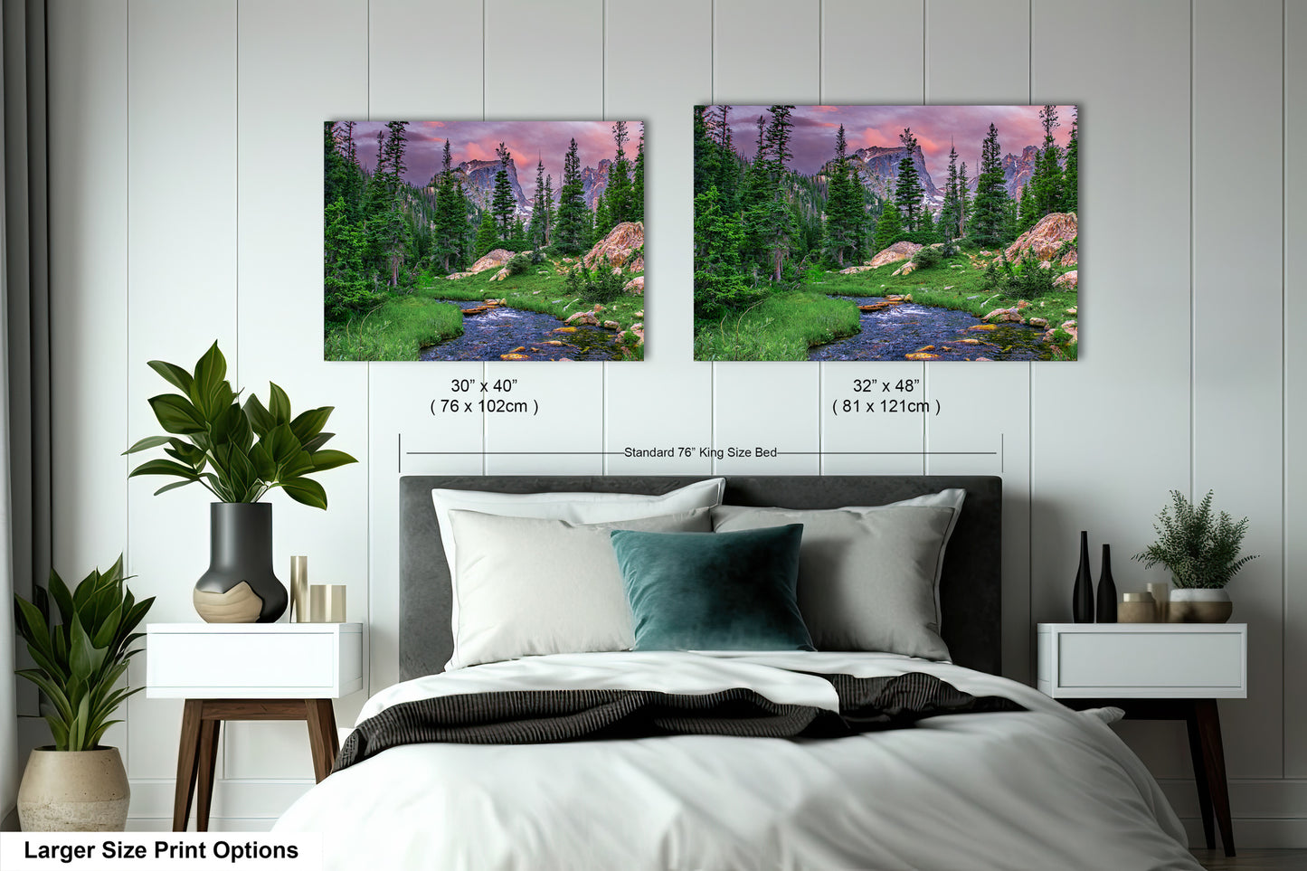 a bed room with a neatly made bed and two pictures on the wall
