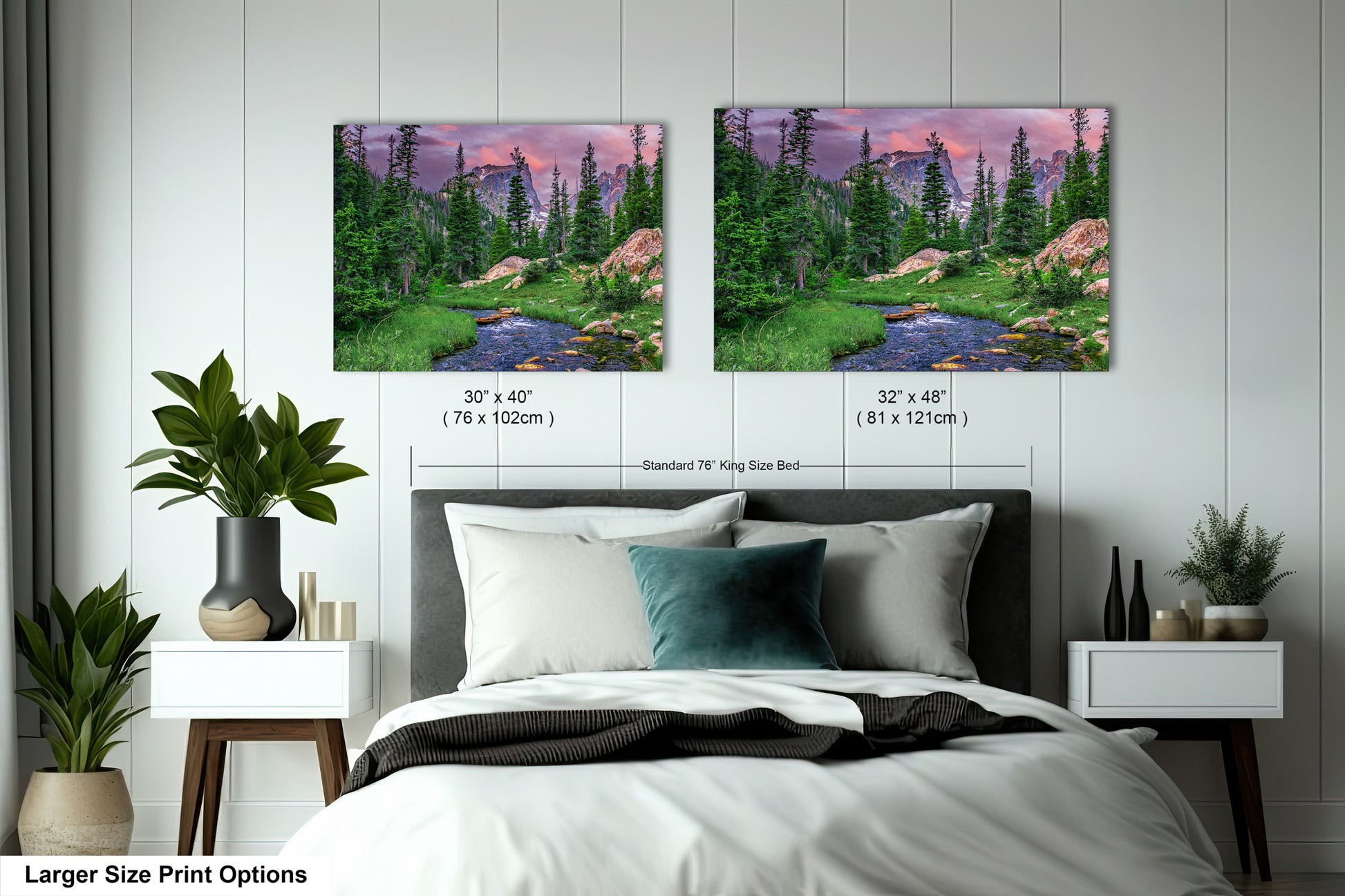 a bed room with a neatly made bed and two pictures on the wall
