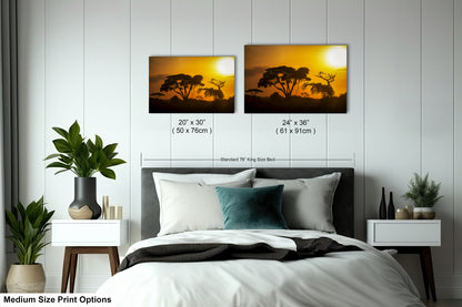 a bedroom with a bed and two pictures on the wall