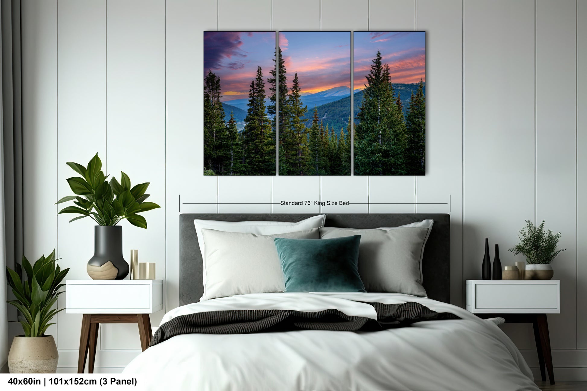 a bedroom with a large, colorful painting of a mountain landscape hanging on the wall above the bed.