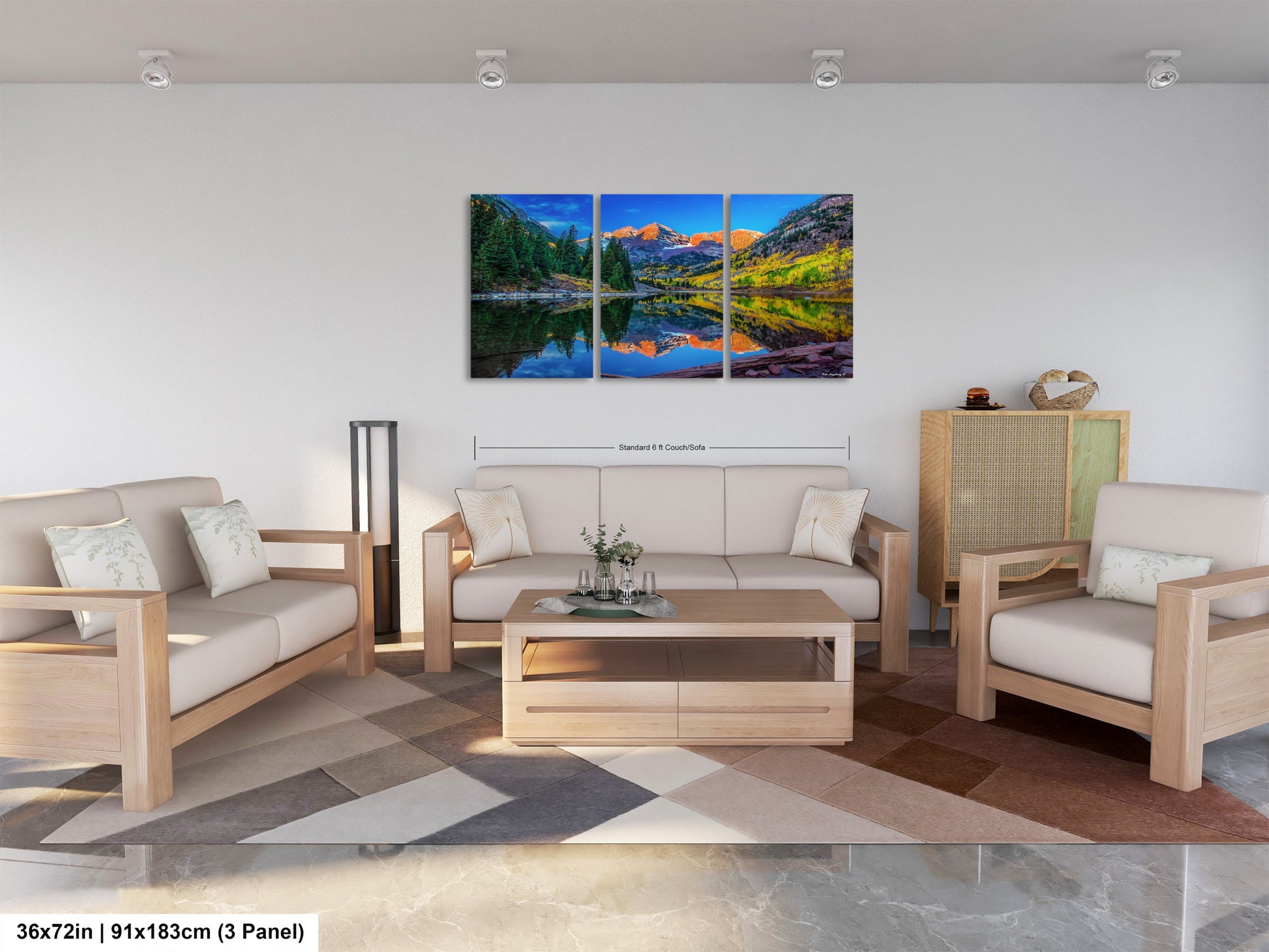 a living room filled with furniture and a painting on the wall