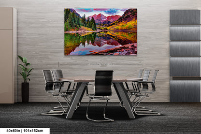 a painting of a mountain lake surrounded by trees