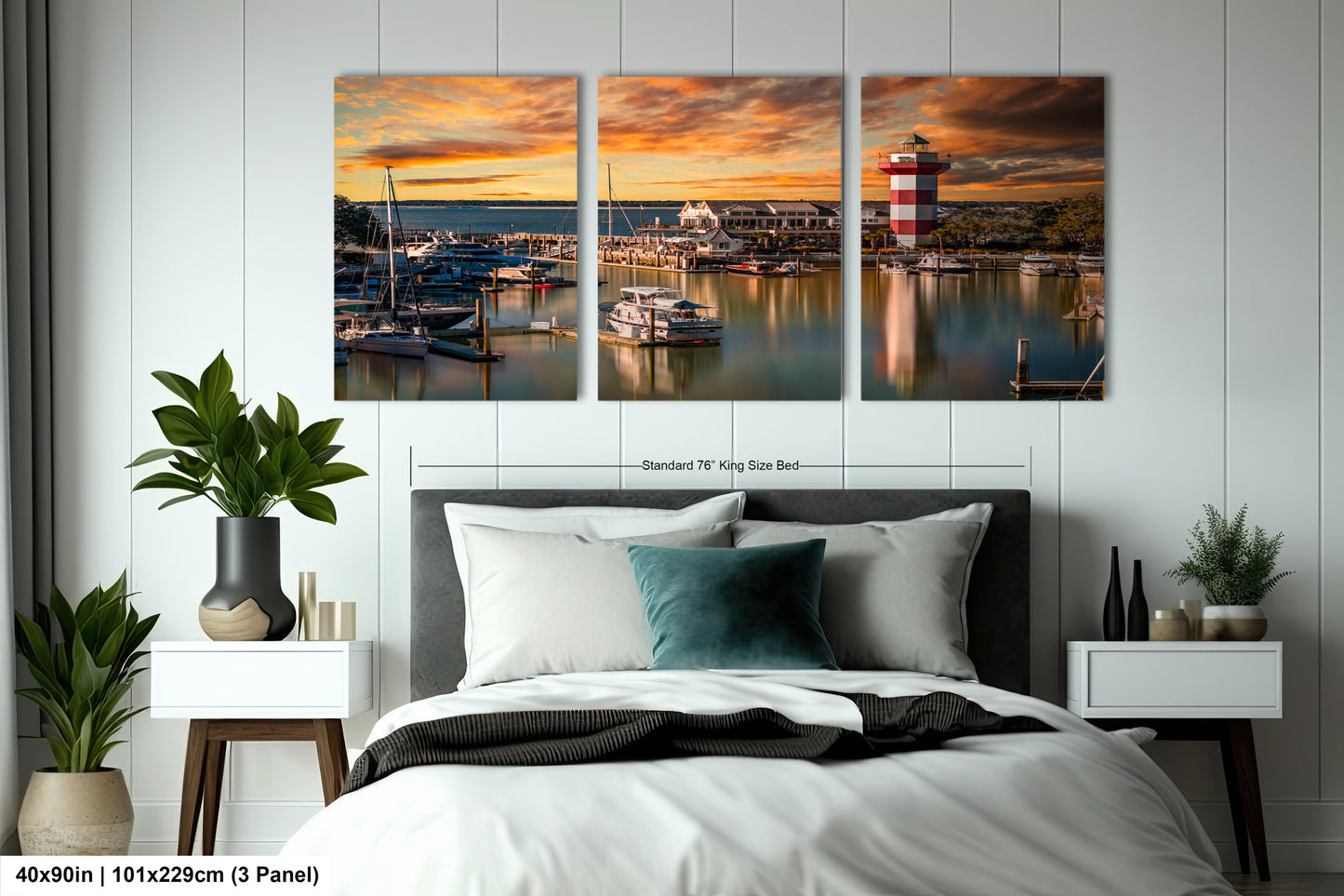 a bedroom scene with a bed and two paintings on the wall