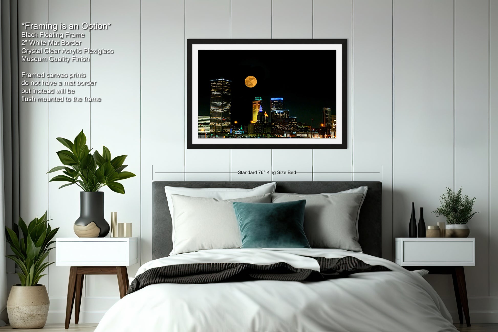 a picture of a bed with a city skyline in the background