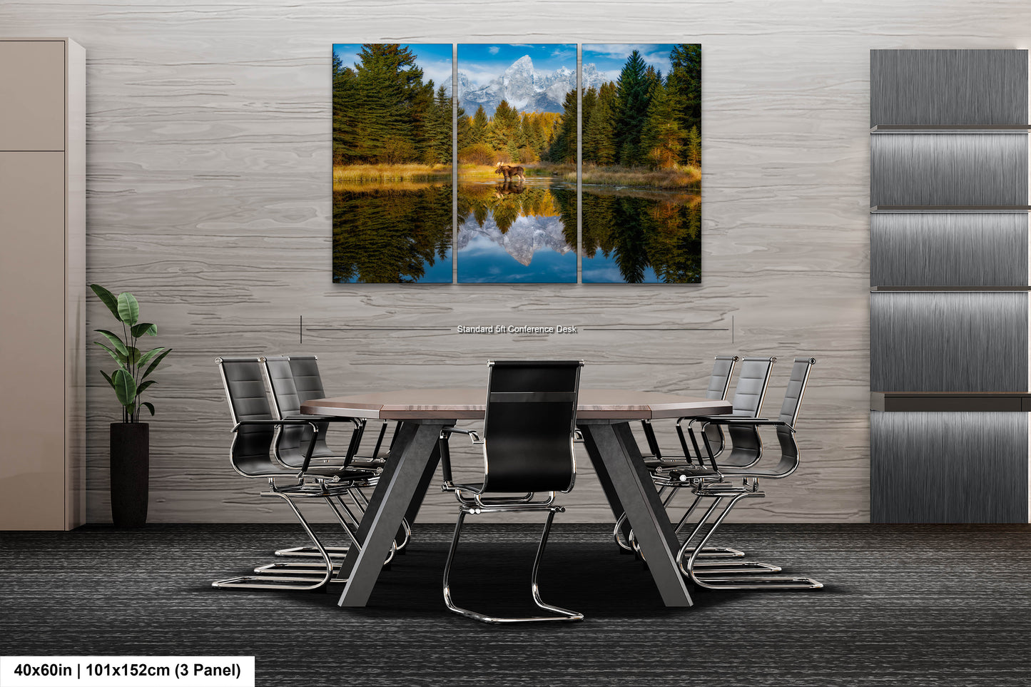 a dining room table with chairs and a painting on the wall