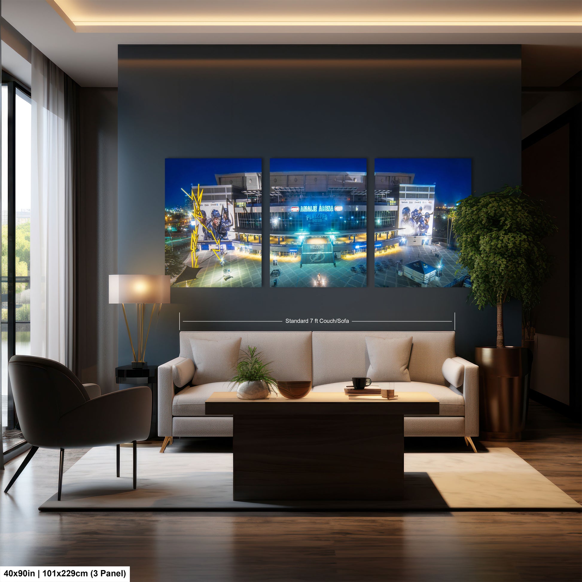 a living room with a couch and a table
