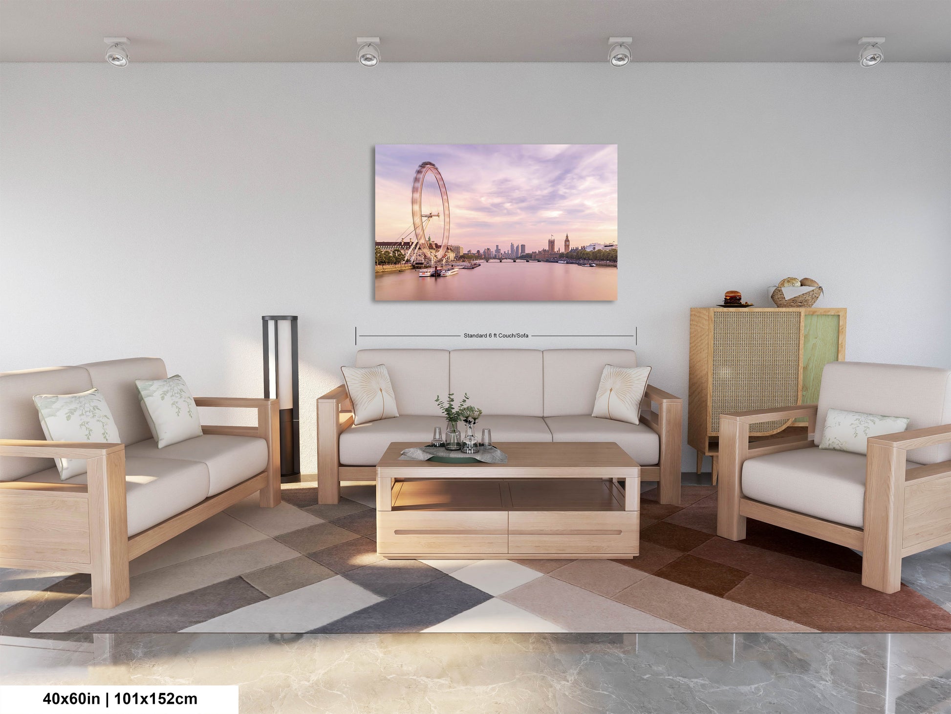a living room filled with furniture and a painting on the wall