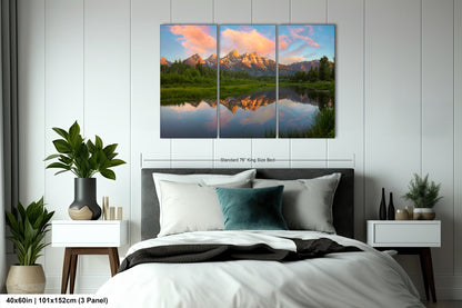 a bedroom scene with a bed and two paintings