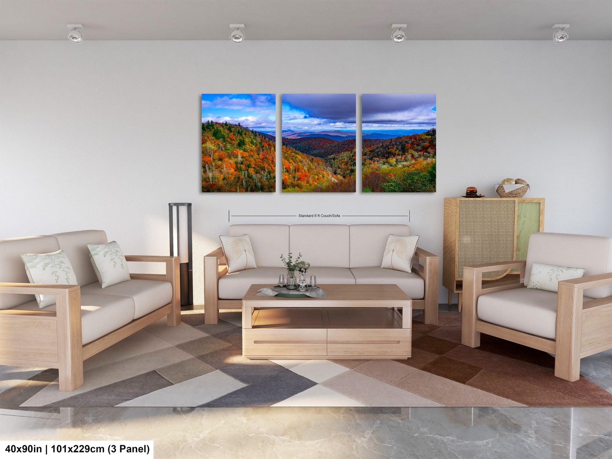 a living room filled with furniture and a painting on the wall